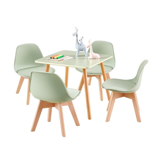 EGGREE Mesa Infantil con 4 sillas, Grupo de Asientos para niños, de Madera Maciza de Haya sostenible FSC, para niños de 1 a 6 años, Muebles Infantiles para dormitorios, guarderías,Verde