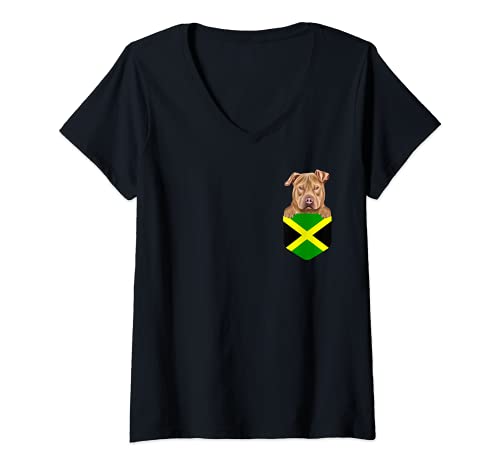 Womens Jamaica Flag Usa Staffordshire Terrier Dog In Pocket V-Neck T-Shirt, Black