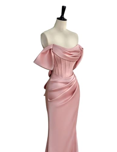 FreeBeauty Off The Shoulder Satin Prom Dresses with Bow Long Mermaid Pleated Evening Gown Cowl Neck Corset Formal Dress4