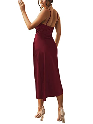 Nqgsntc Women's Cocktail Dress Casual Spaghetti Strap Cowl Neck Backless Dress Side Wrinkle Silky Slip Dresses Red M #TOP5