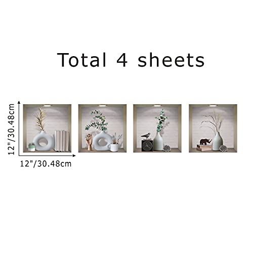 Iarttop 3D Vase Art Magic Wall Decal, Elegant White Vases Wall Sticker, Vintage Green Plants Decals For Dining Room Bedroom, Creative Diy Botanical Living Room Wall Art Mural, Set Of 4 (12”X12”) #TOP4