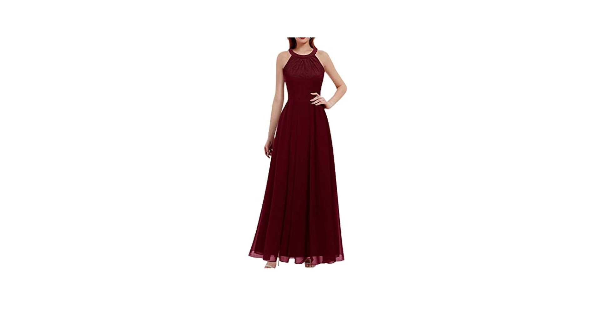 Women's Long Dress Halter Neck Lace Long Chiffon Dress
