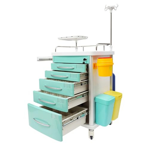 sjcdicnj Medical Rolling Crash Cart with Wheels-CPR Board, IV Pole, O2 Holder, Trash Bin, Silent Casters, 5 Drawers with Dividers, Emergency Cart for Clinic, Hospital, Nursing Center (Green)