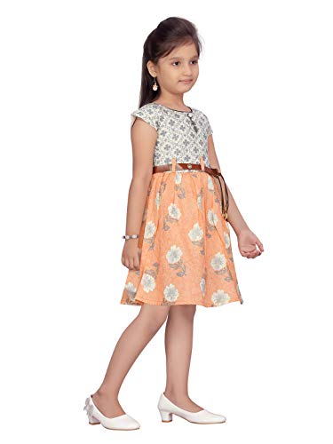 Image of muhuratam Girl's Pure Cotton A-Line Knee-Length Dress (FK-9294 Peach 28)