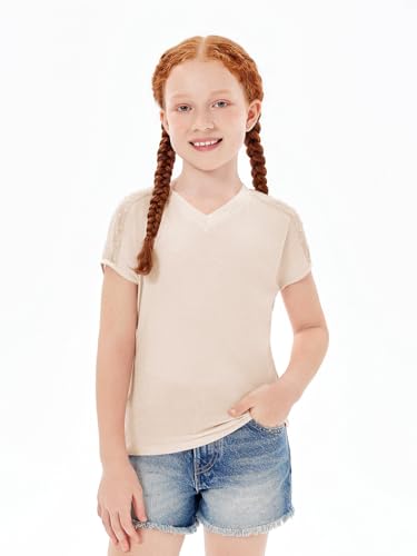 Haloumoning Girls V Neck T-Shirts Kids Summer Swiss Dot Short Sleeve Tops Cute Fashion Tees 5-14 Years2