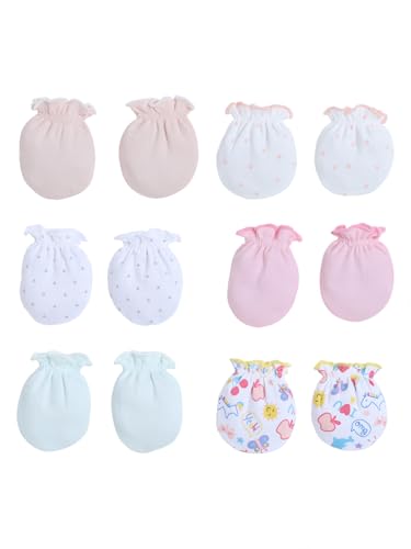 Image of Baby Eli Cotton Newborn Mittens (Picot Wrist) Set of 6 for Baby Boys & Girls 0-6 Months | Soft and Cozy Unisex Infant Gloves | Assorted Baby Hand Gloves | Adjustable Scratch Protection
