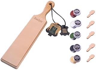 BACHER Premium Leather Strop with Polishing Compound Set, 2 Sided Knife Stropping Paddle Block for Sharpening and Honing Knives, Woodcarving Chisels Tools