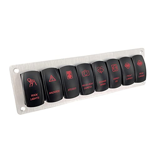 Image of 8 Gang Customize Rocker Switch Panel with Silver Aluminum Mounting Bracket 5 PIN 7 PIN Pre-Wired Red Led Toggle Switch Panel for Automotive Vehicle Bus Yacht RZR Dashboard 12V 24V