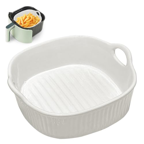 Cazuela de cerámica de 650 ml, moldes cuadrados para horno de 7 pulgadas, moldes de cerámica con asas para lasaña, carne, verduras, para freidora de aire caliente, horno, horno microondas (blanco)