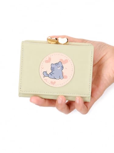 Image of Valerie Cute Small Wallets Clutch for Teen Girl Women PU Leather Trifold Small Wallet Cash Pocket 3D Buckle Card Holder Coin Purse with ID Window for Girls Women (Green cat)