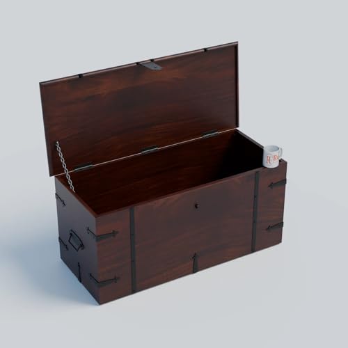 Image of Solid Sheesham Wood Trunk Box For Storage Wooden Center Coffee Table for Living Room Decor | Multipurpose Wooden Center Table With Storage Box Cabinet with Iron Fittings | Walnut Finish