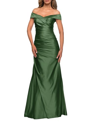Off Shoulder Mother of Bride Dresses for Wedding Satin Long Evening Gowns Ruched Mermaid Formal Dress