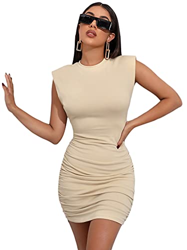 Verdusa Women s Padded Shoulder Ruched Sleeveless Short Pencil Bodycon Dress Beige M