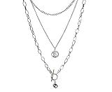 YERTTER Dainty Father's Day Gift Necklace Layering Chain Choker Necklace Boho Jewelry Set Layered Silver Coin Pendant Statement Chunky Chain Necklace for Women Man