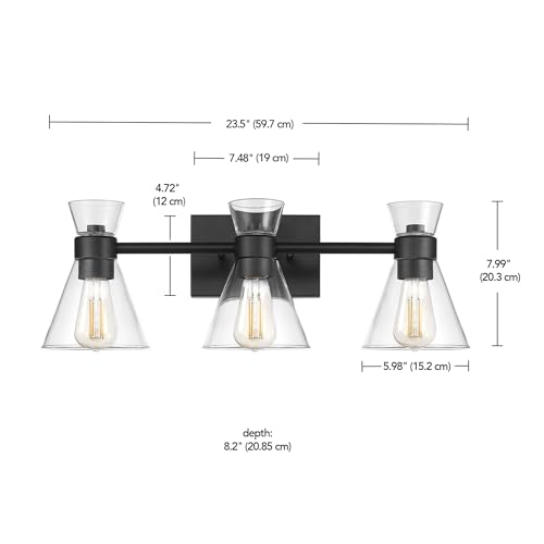 Image of Globe Electric 63000055 3-Light Vanity Light, Matte Black, Clear Glass Shades, Bathroom Lights Over Mirror, Lights for Bathroom, Powder Room Lighting, Makeup Mirror Lights, Home Decor, Bathroom Decor