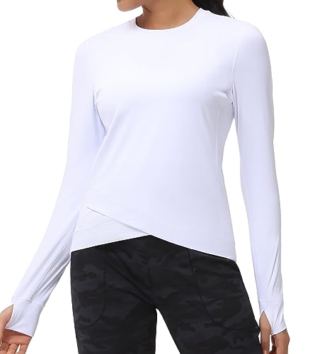 Women's Long Sleeve Compression Shirts Workout Tops Cross Hem Athletic Running Yoga T-Shirts with Thumb Hole