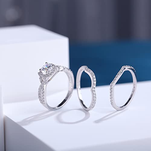 Han han 18K White Gold Plated 925 Sterling Silver Wedding Engagement Promise Eternity Ring Set for Women, Size 5-93