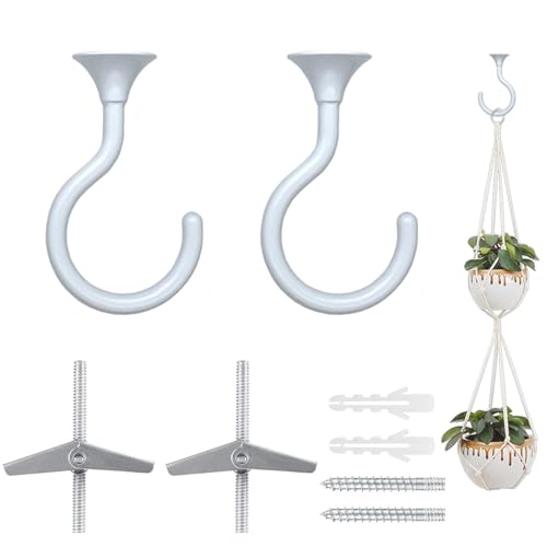Image of Heavy Duty Ceiling Hooks for Hanging Plants 2 Pack (White) | Holds 30 lbs on wood & concrete, 20 lbs on drywall; 2.4 inch zinc alloy swag hook for macrame, lanterns & pendant lights