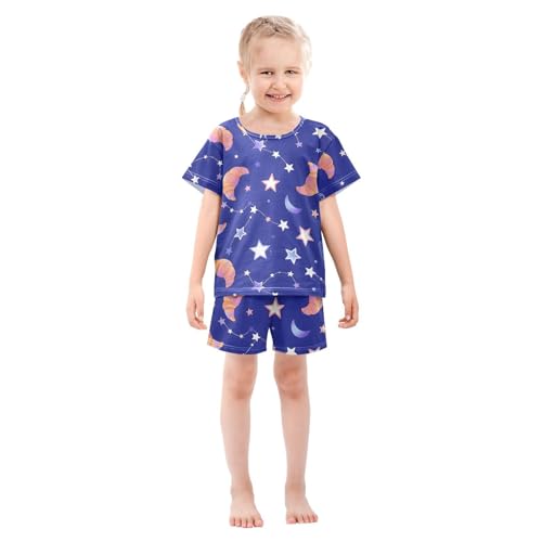 Pajama Short Sets Croissant Stars Moon Constellations Soft Cotton Summer Sleepwear 2 Piece PJS Size 5-14T4