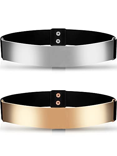 Chuangdi 2 Pcs Mirror Belt for Women Metal Waist Belt Shiny Polished Gold Silver Mirror Stretch for Dress Fashion