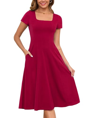 Image of Annebouti Womens Spring Summer 2025 A-Line Square Neck Short Sleeve Semi-Formal Casual Work Midi Dress with Pockets, Wine Red, XL