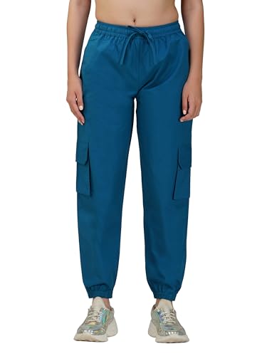 Image of fabcoast Multi-Pocket Cargo Cotton Poplin Jogger Pants for Women Summer Wear Full Elastic with Drawstring and 2 Side Pockets, 2 Back Pockets and 2 Leg Pockets