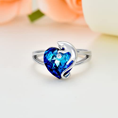 AOBOCO Sterling Silver Cat Ring with Heart Crystal - Cat Gifts4