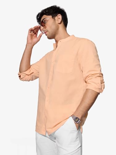 Image of The Souled Store Classic Maroon Men and Boys Long Sleeves Mandarin Collared Neck Button Front Solid Regular Fit Cotton Linen Shirts
