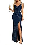 Ever-Pretty Maxi Formal Evening Dress Elegant Sequin V Neck and High Slit Prom Dress Navy Blue 8UK