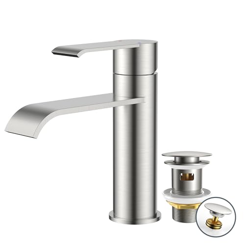 FORIOUS Robinet Salle Bain avec Bonde, Mitigeur Lavabo Monocommande, Robinet Lavabo Design Cascade, Armature Moderne Économe en Eau pour Salle de Bains