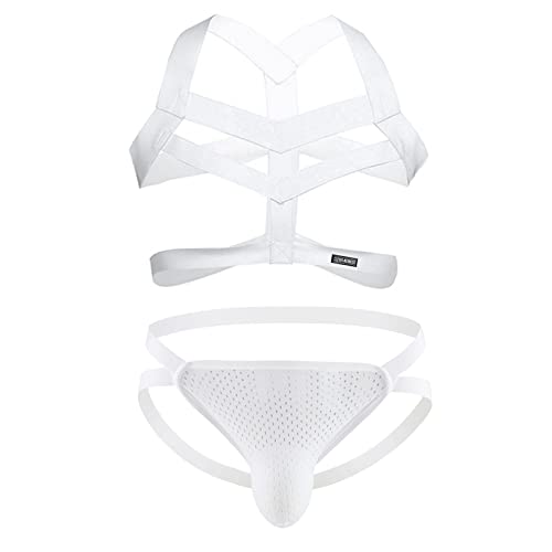 Men'S Jockstrap Athletic Supporter Men Sexy Elastic Body Chest Harness Jockstrap Lingerie Set Shoulder Chest Belt White