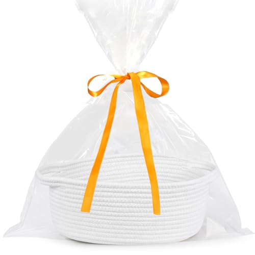 ABenkle Small Basket Empty Gift Basket, Decorative Boho Rope Woven Nursery Storage Organizer Dog Toy Baskets for Baby Showers Christmas Easter with Gift Bags and Ribbons, 12'X 8' X 5'