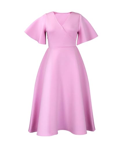 Image of SOMTHRON Women's Wrap V-Neck Ruffle Short Sleeve Midi Dress Elegant A Line Flowy Flared Cocktail Church Dress
