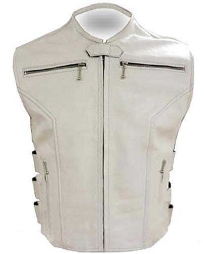 Black Korel Mens Real White Leather Biker Vest Premium Leather Motorcycle Waistcoat, Heavy Duty Slim Fit Vest