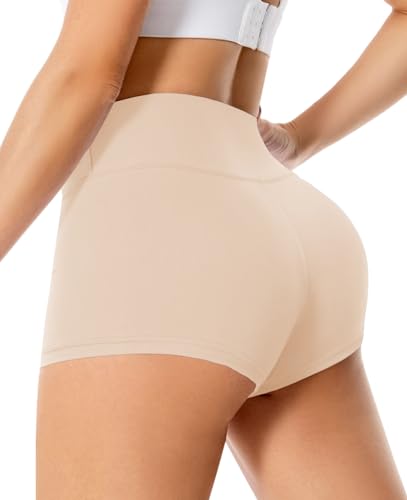 Womens 3/5 High Waisted Biker Shorts - Spandex Yoga Workout Cycling Womens Sports & Recreation Shorts | Athletic Booty Shorts in Nude Beige Activewear for Workout & Under Dresses
