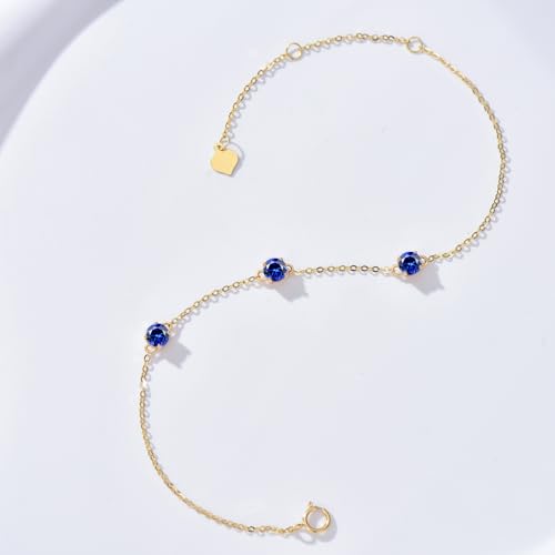14k Gold Round-Cut Gemstone Bracelet for Women,0.9 CTTW(4MM*3) Created Birthstone Anniversary Birthday Mother's Day Simple Bracelets Jewelry for Mom Her 6.5''+2''2