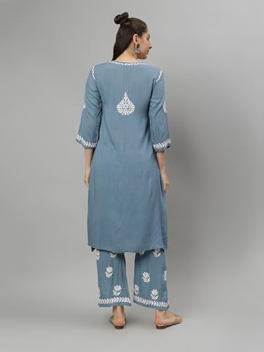Image of Seva Chikan Hand Embroidered Lucknowi Chikankari Rayon Kurta and Palazzo Set SCL8037