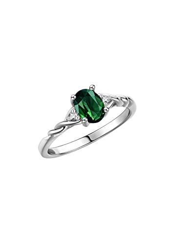 14K White Gold Classic Style Ring | 7X5MM Oval Gemstone & Diamonds | Green-sapphire September Birthstone | Diamond Rings for Women | Size 83