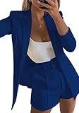 2 Piece Suits for Women Long Sleeve Solid Open Front Blazer Shorts with Belt Casual Elegant Business Suit Set Navy
