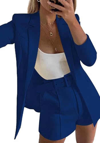 2 Piece Suits for Women Long Sleeve Solid Open Front Blazer Shorts with Belt Casual Elegant Business Suit Set Navy