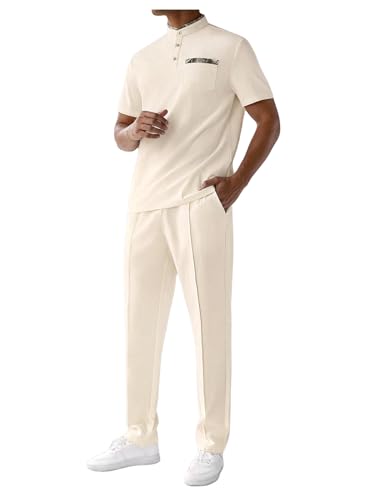 Men's 2 Piece Outfits Button Up Banded Collar Shirts and Drawstring Waist Pants Clothing Set