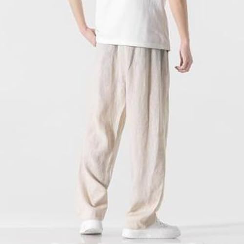 Mokaloha Mens Pants, Elastic Waist Pocket Trousers, Embroidered Logo Drawstring Loose, New Men's Casual Hemp Fabric4