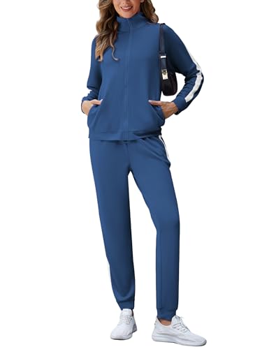 Marvmys Women 2 Piece Tracksuits Set 2025 Fashion Fall Sets Sweatsuit Long Sleeve Jogging Suit with Pockets Travel Outfits Dark Blue L