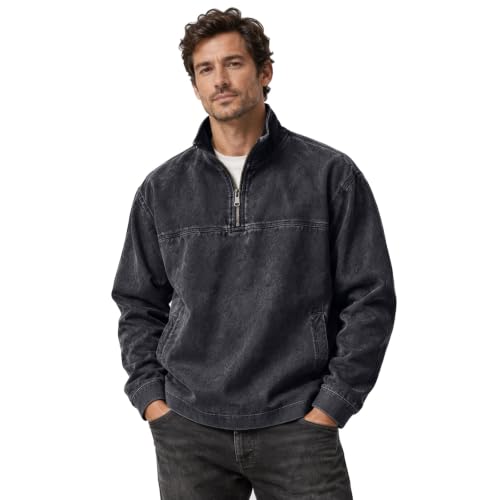 Men's Denim Shirt Washed Retro Quarter Zip Pullover Shirt Denim Top - image 1