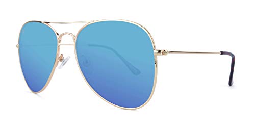Knockaround Mile Highs Polarized Aviator Sunglasses With Gold Metal Frames/Aqua Blue Reflective Lenses
