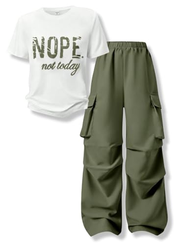 Voxikidio Teen Girls Outfits Letter Print Short Sleeve Tops Cargo Pants Spring Fall Girls Clothes (Green Size 15-16)