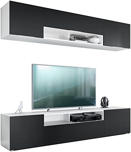 Vladon Wall Unit TV Stand Mogan, Carcass in White matt/Fronts in White High Gloss
