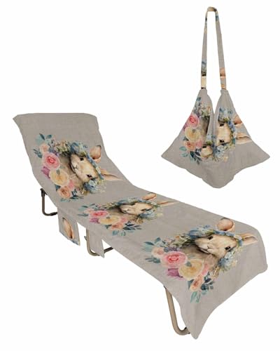 Grey Bunny Easter Beach Lounge Chair Towel Cover, Soft Chaise Lounge Towel with Side Pockets Patio Pool Chairs Cover for Beach/Pool Sunbathing 29x85 Spring Floral Blue Pink Botanical Rustic