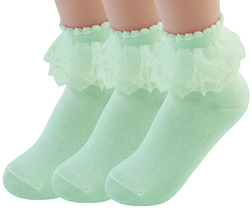 Image of Women Double Layer Ruffle Socks, Lace Trim Ankle Princess Dress Socks 3 Pairs (Green)