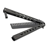 【バタフライナイフ練習用】 トレーニングナイフ 刃なし 練習刀 ポータブル 折りたたみコーム ナイフ おもちゃ サバイバルゲーム小道具 指 トレーニング トレーナー 櫛 (ブラック)